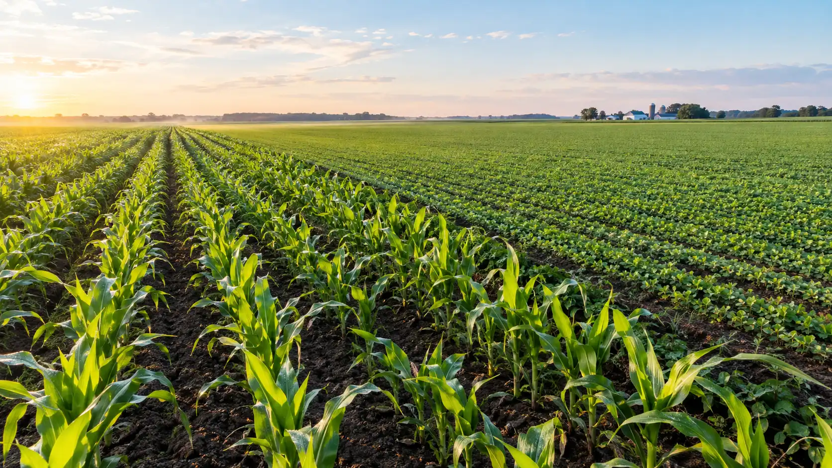 Crop farming at field scale, with young corn rows on the left and a drilled soybean field behind.
