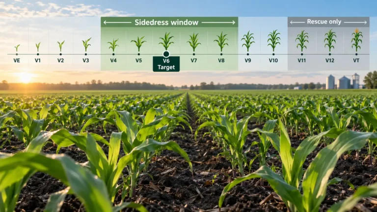 Corn growth stage timeline showing the V4 to V8 sidedress window, with V6 marked as the target